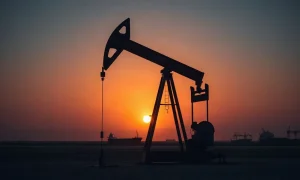 Oil pumpjack in a desert field at sunset, representing crude oil supply concerns.