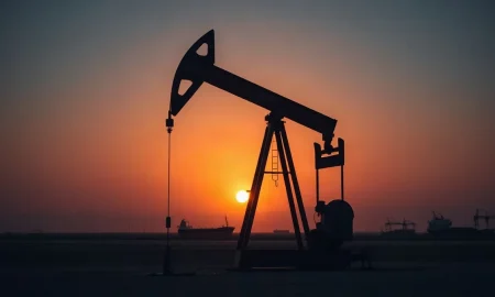 Oil pumpjack in a desert field at sunset, representing crude oil supply concerns.