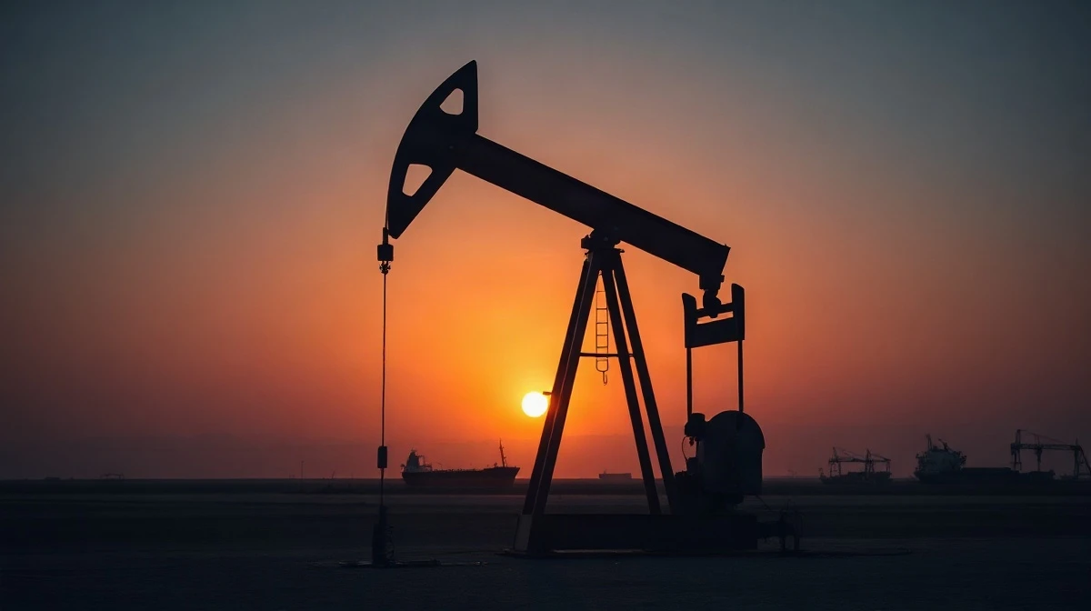 Oil pumpjack in a desert field at sunset, representing crude oil supply concerns.