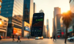 Smartphone showing stock chart and dividend notification in financial district