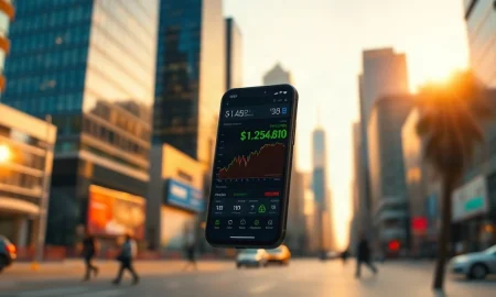 Smartphone showing stock chart and dividend notification in financial district