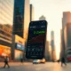 Smartphone showing stock chart and dividend notification in financial district