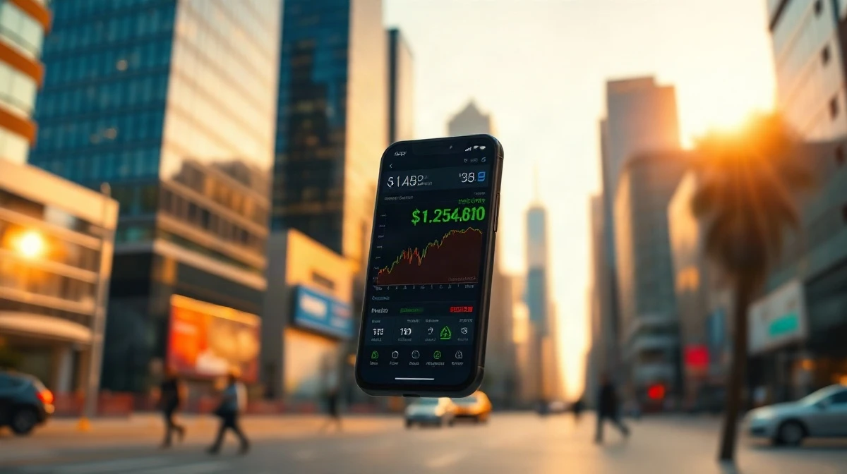 Smartphone showing stock chart and dividend notification in financial district