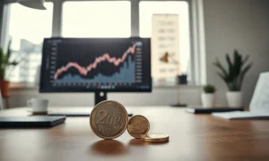 Danish krone and euro coins on a desk with an EUR/DKK chart on a monitor