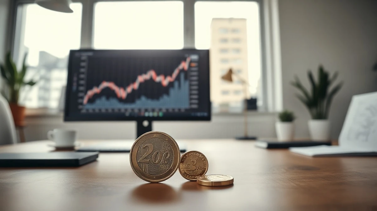 Danish krone and euro coins on a desk with an EUR/DKK chart on a monitor