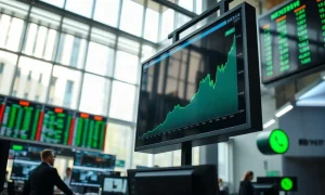 Stock market chart on a trading floor display showing an upward trend, reflecting equity market resilience.