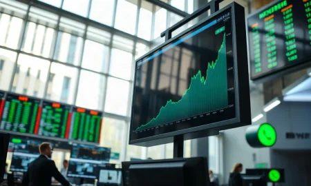 Stock market chart on a trading floor display showing an upward trend, reflecting equity market resilience.