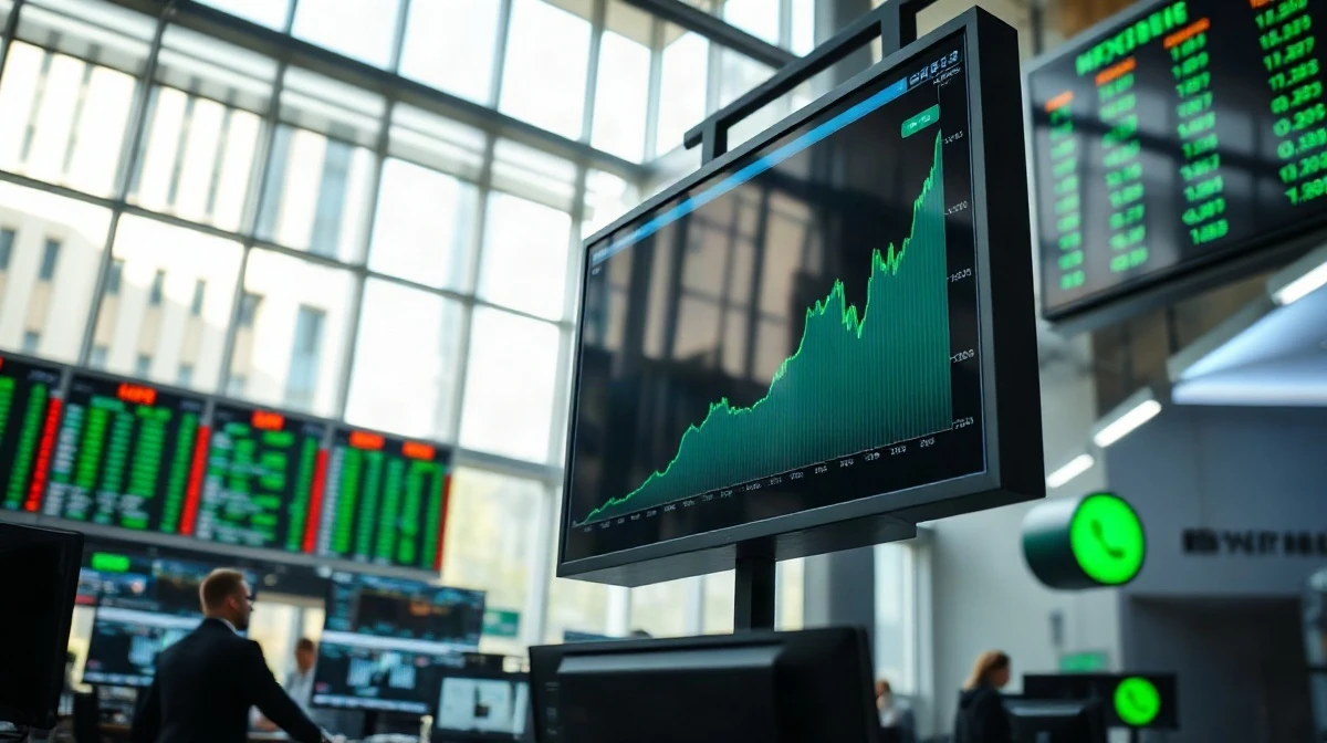 Stock market chart on a trading floor display showing an upward trend, reflecting equity market resilience.