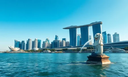 Singapore Marina Bay financial skyline with Merlion statue on a clear day