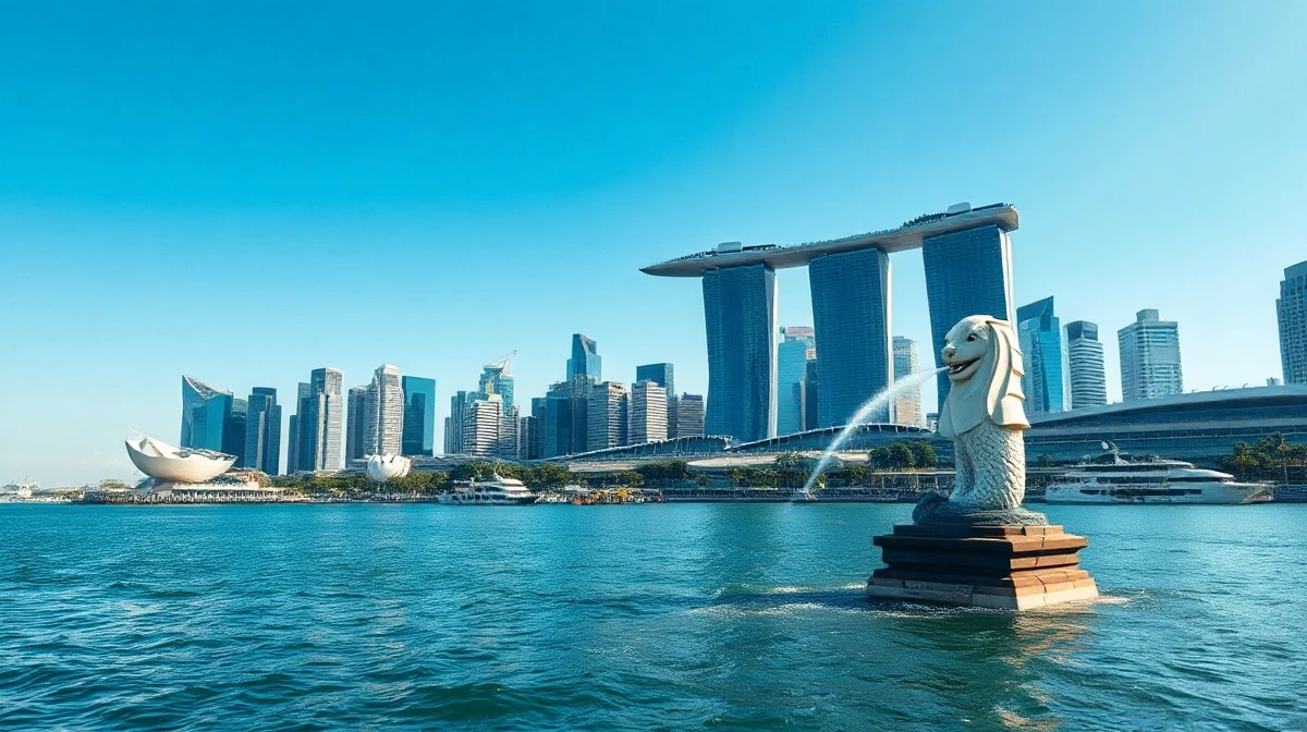 Singapore Marina Bay financial skyline with Merlion statue on a clear day