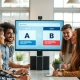 Team at Intelligence startup reviewing AI design outputs on a large screen in a modern office