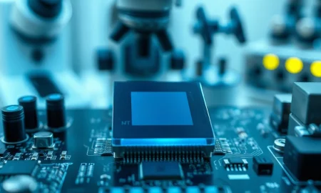 AI-generated image of a glowing semiconductor chip on a circuit board in a lab setting