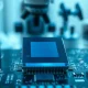AI-generated image of a glowing semiconductor chip on a circuit board in a lab setting
