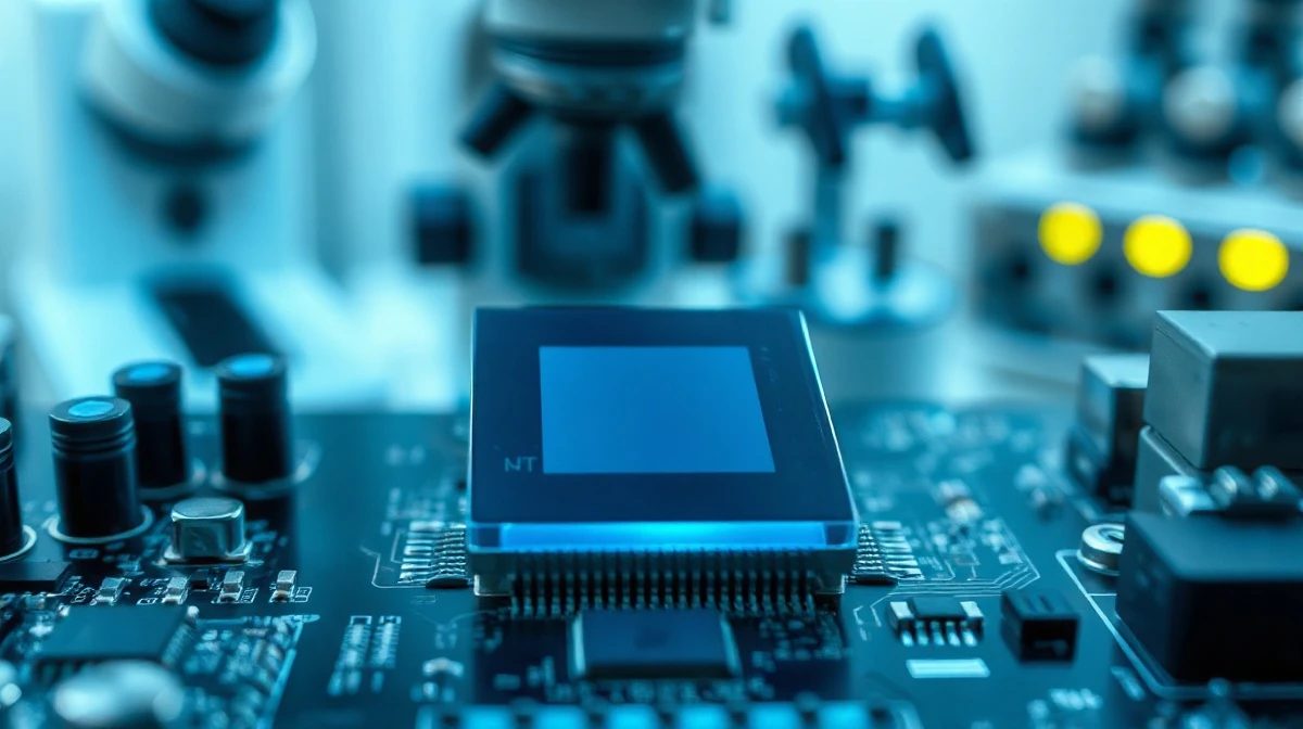 AI-generated image of a glowing semiconductor chip on a circuit board in a lab setting