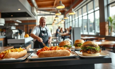 Dog Haus restaurant interior with staff preparing gourmet hot dogs and burgers