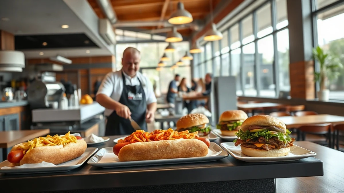 Dog Haus restaurant interior with staff preparing gourmet hot dogs and burgers