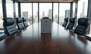 Empty corporate boardroom table with a legal document folder, representing the DOJ probe into Andreessen Horowitz board seats.
