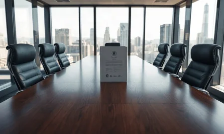 Empty corporate boardroom table with a legal document folder, representing the DOJ probe into Andreessen Horowitz board seats.