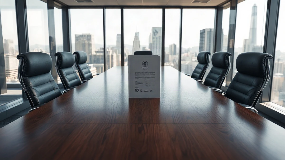 Empty corporate boardroom table with a legal document folder, representing the DOJ probe into Andreessen Horowitz board seats.