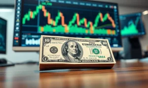 US dollar banknote and financial charts on a monitor in a trading office