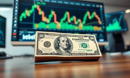 US dollar banknote and financial charts on a monitor in a trading office