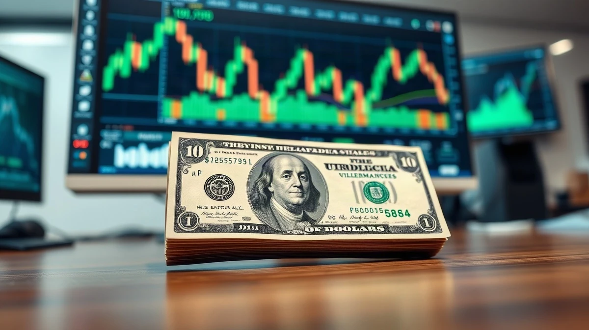 US dollar banknote and financial charts on a monitor in a trading office