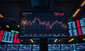 US Dollar Index chart showing decline near 99.50 on a trading floor monitor