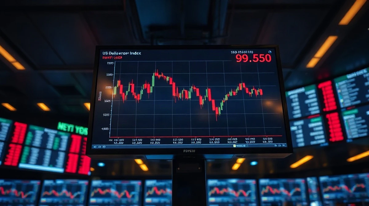 US Dollar Index chart showing decline near 99.50 on a trading floor monitor