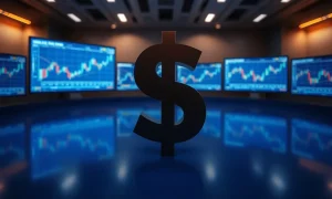 Digital US dollar sign on a trading floor with charts in the background
