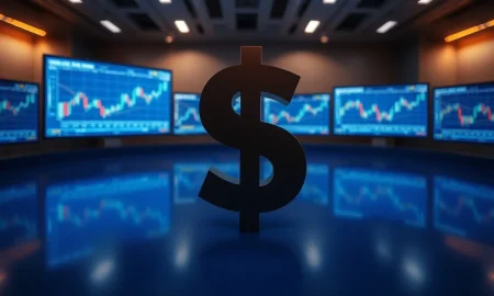 Digital US dollar sign on a trading floor with charts in the background