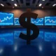 Digital US dollar sign on a trading floor with charts in the background