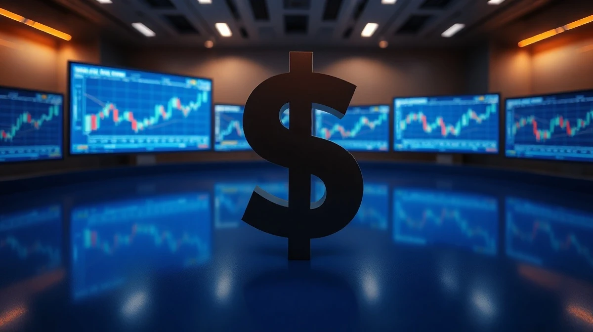 Digital US dollar sign on a trading floor with charts in the background