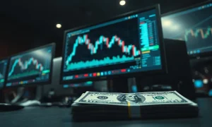 Trading desk monitor showing a downward-trending dollar index chart with U.S. Treasury bonds and dollar bills in the foreground.