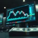 Trading desk monitor showing a downward-trending dollar index chart with U.S. Treasury bonds and dollar bills in the foreground.