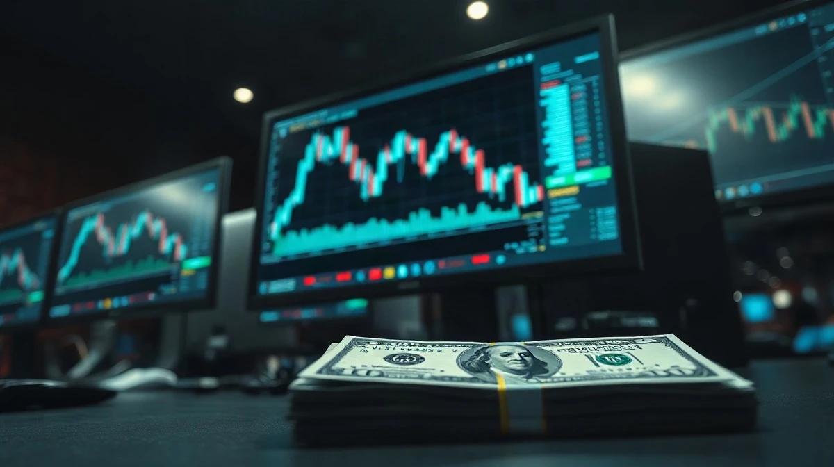 Trading desk monitor showing a downward-trending dollar index chart with U.S. Treasury bonds and dollar bills in the foreground.