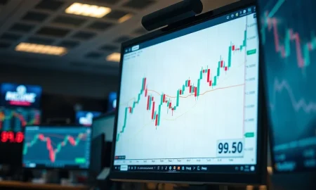 Trading screen showing the Dollar Index chart hovering near 99.50