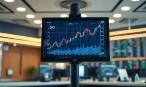 Financial market monitor displaying an upward trending dollar index chart on a trading floor.