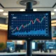 Financial market monitor displaying an upward trending dollar index chart on a trading floor.
