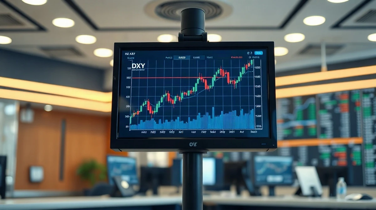 Financial market monitor displaying an upward trending dollar index chart on a trading floor.