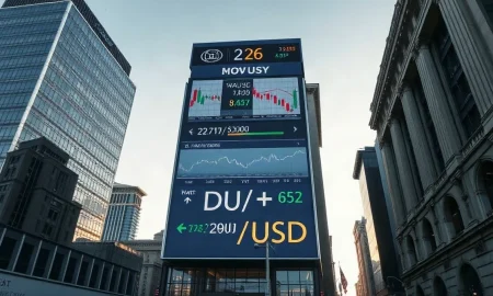 Financial market display showing DXY and gold price charts in a city setting