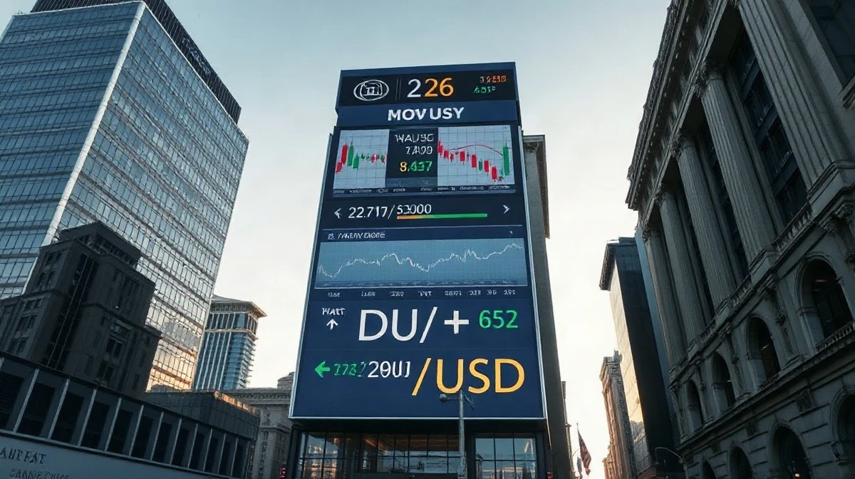 Financial market display showing DXY and gold price charts in a city setting