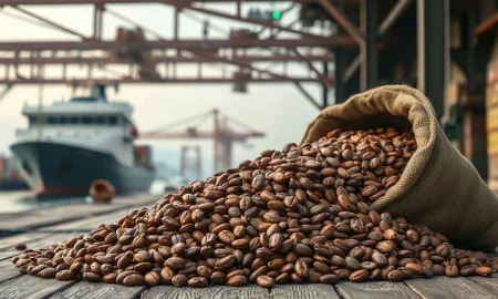 Raw cocoa beans in a burlap sack at a port warehouse