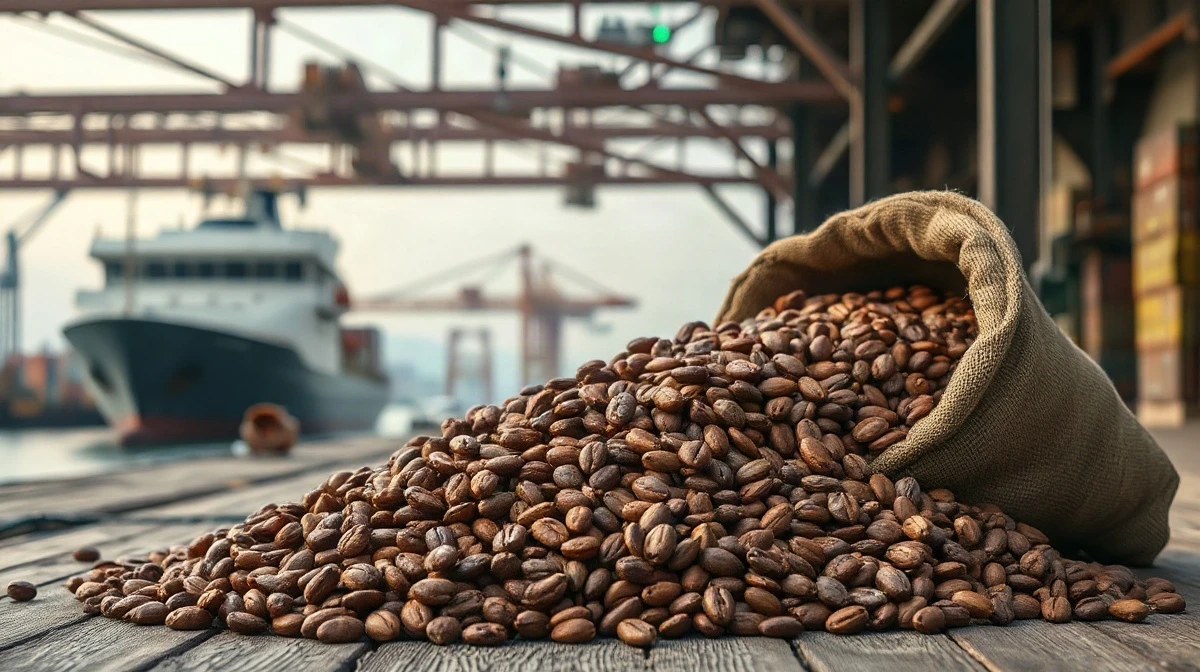 Raw cocoa beans in a burlap sack at a port warehouse