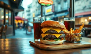 Cheeseburger, fries and soda on a restaurant table, representing the DoorDash Cheeseburger Index