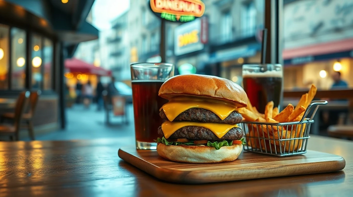 Cheeseburger, fries and soda on a restaurant table, representing the DoorDash Cheeseburger Index