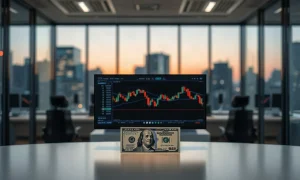 US Dollar banknote on a trading desk with blurred financial charts on monitors in the background