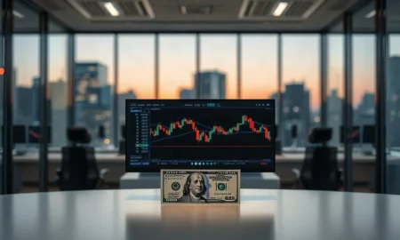 US Dollar banknote on a trading desk with blurred financial charts on monitors in the background