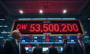 Dow Jones Industrial Average ticker board showing 53,550 down 200 points on the NYSE trading floor