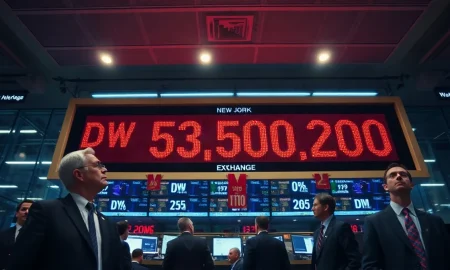 Dow Jones Industrial Average ticker board showing 53,550 down 200 points on the NYSE trading floor