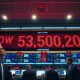 Dow Jones Industrial Average ticker board showing 53,550 down 200 points on the NYSE trading floor